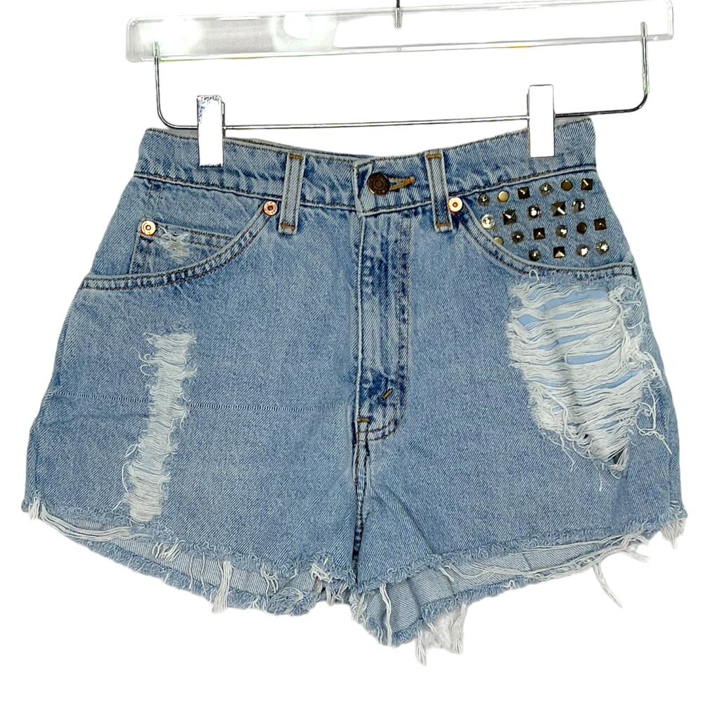 Levis 25 Vintage Denim Cut Off Jean Micro Shorts DIY Distressed Stud Detail